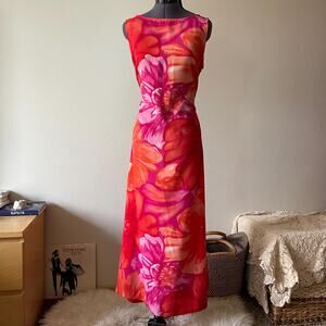 Y2K vintage 2000s hibiscus print pink orange statement maxi dress euro